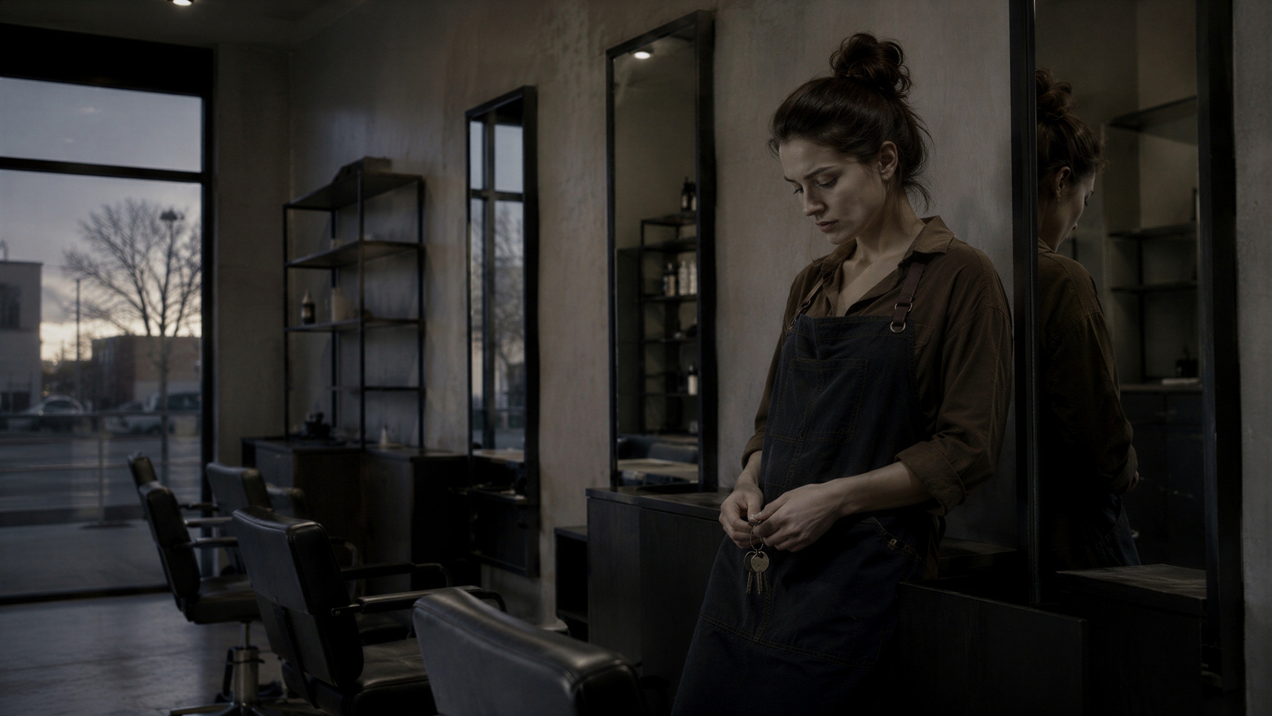 Sad woman hair stylist standing in empty salon holding key. Concept of small business closure and bankruptcy. Stressed entrepreneur closing shop due to economic crisis or debt.