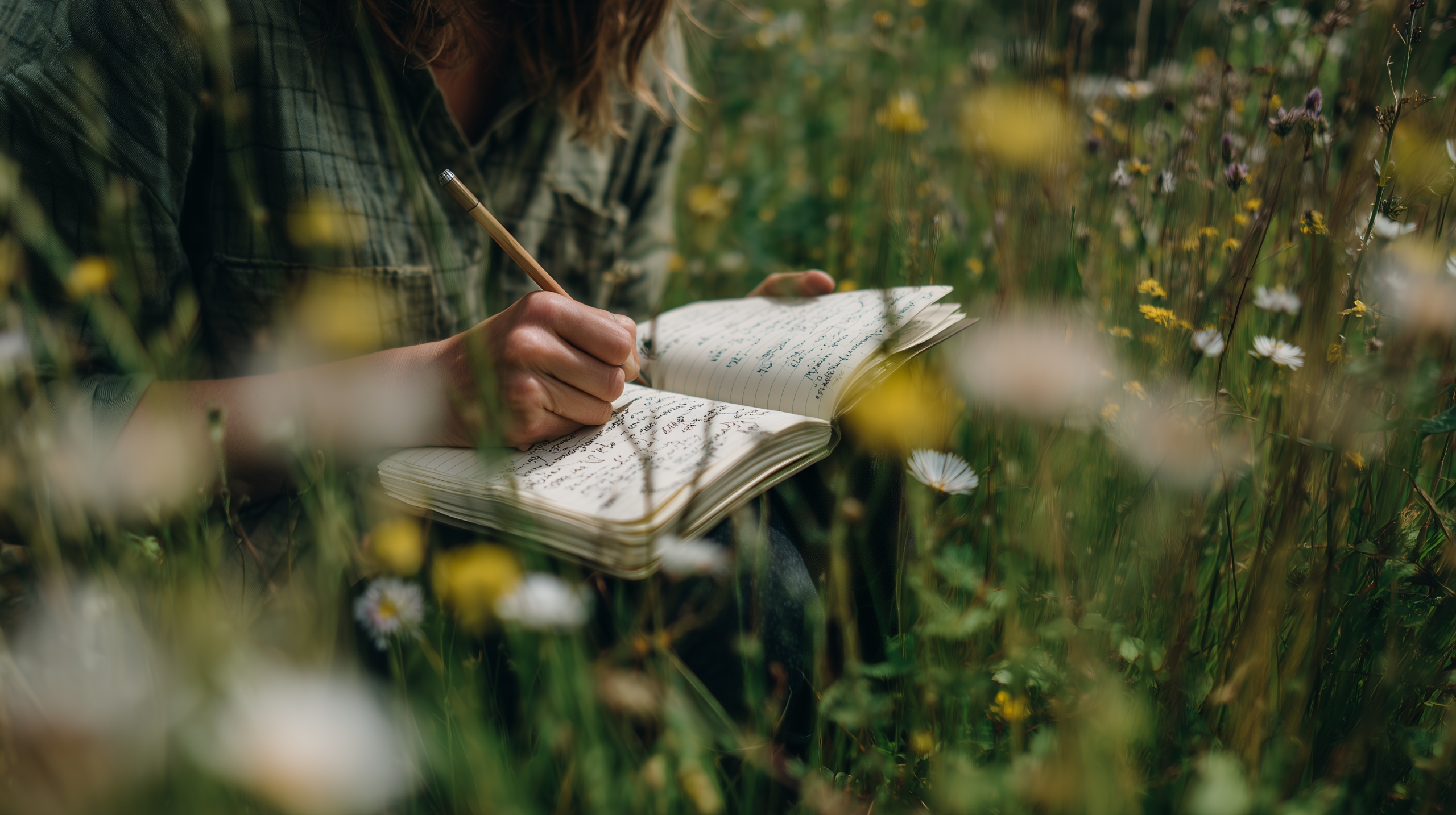 Close-up of a creative professional writing notes in a rustic journal outdoors in a sunny wild flower meadow, concept for mindfulness workshops, nature journaling promotion and lifestyle blogging